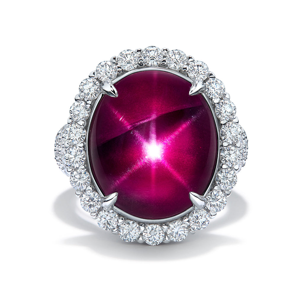Star Magenta Rhodolite Garnet Ring with D Flawless Diamonds set in 18K White Gold