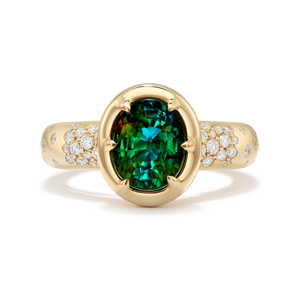 Unheated Green Tanzanite Ring with D Flawless Diamonds set in 18K Yellow Gold