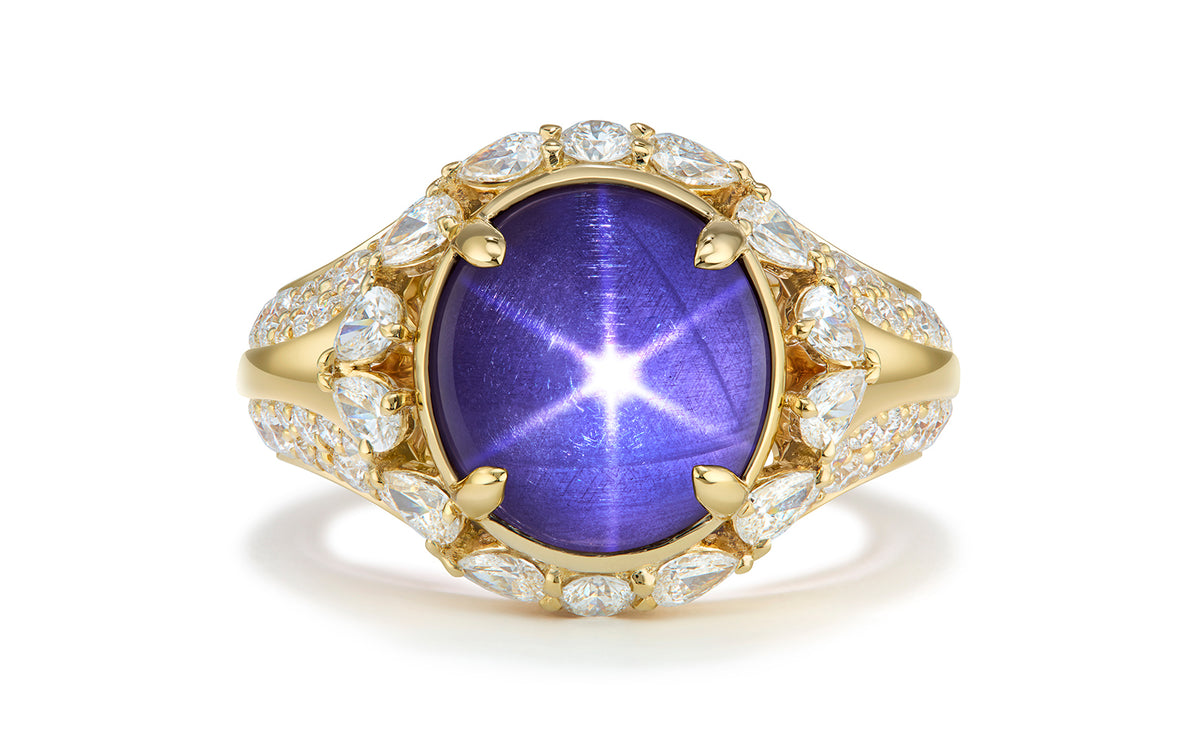 Lavender Star Spinel Ring with D Flawless Diamonds set in 18K Yellow Gold