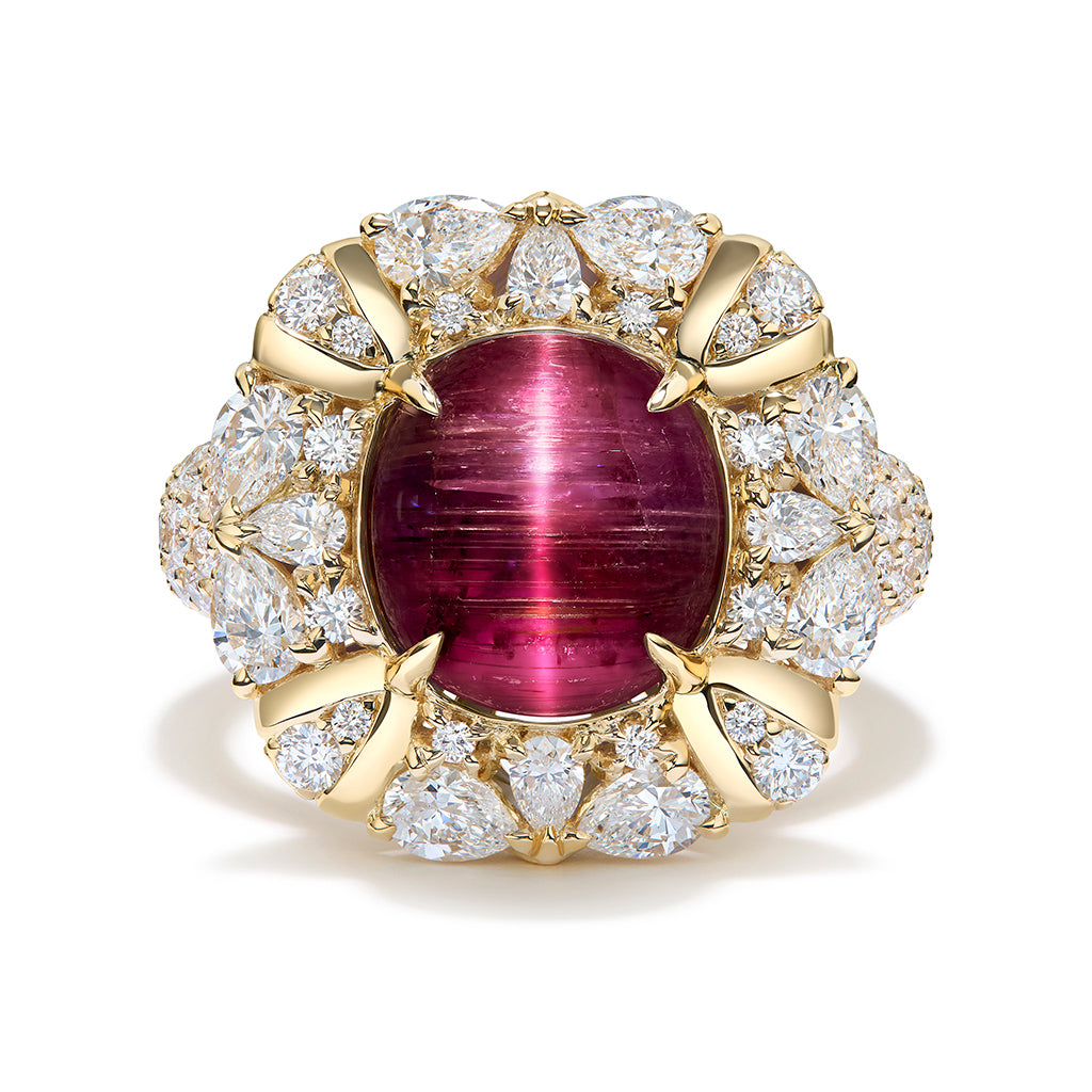 Pink Tanzanite Cats Eye Ring with D Flawless Diamonds set in 18K Yellow Gold