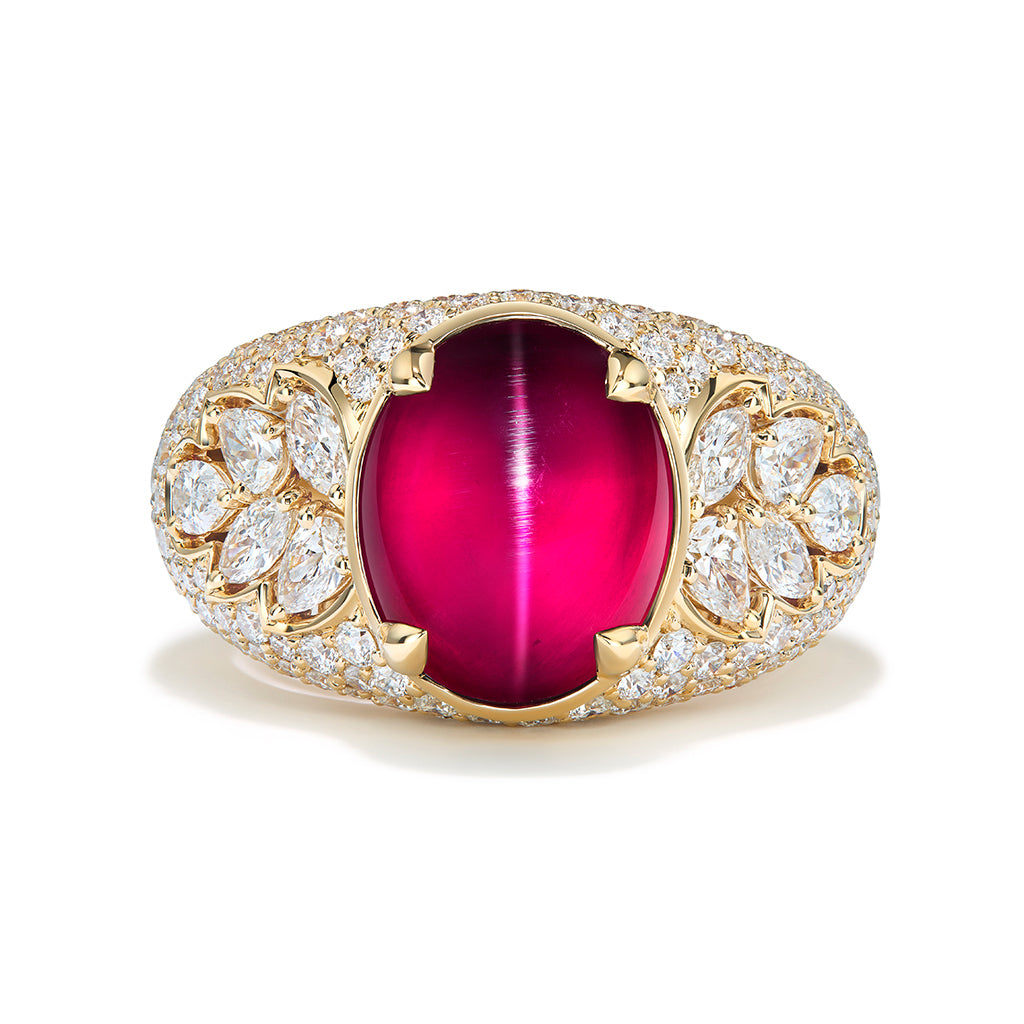 Cat's Eye Magenta Garnet Ring with D Flawless Diamonds set in 18K Yellow Gold
