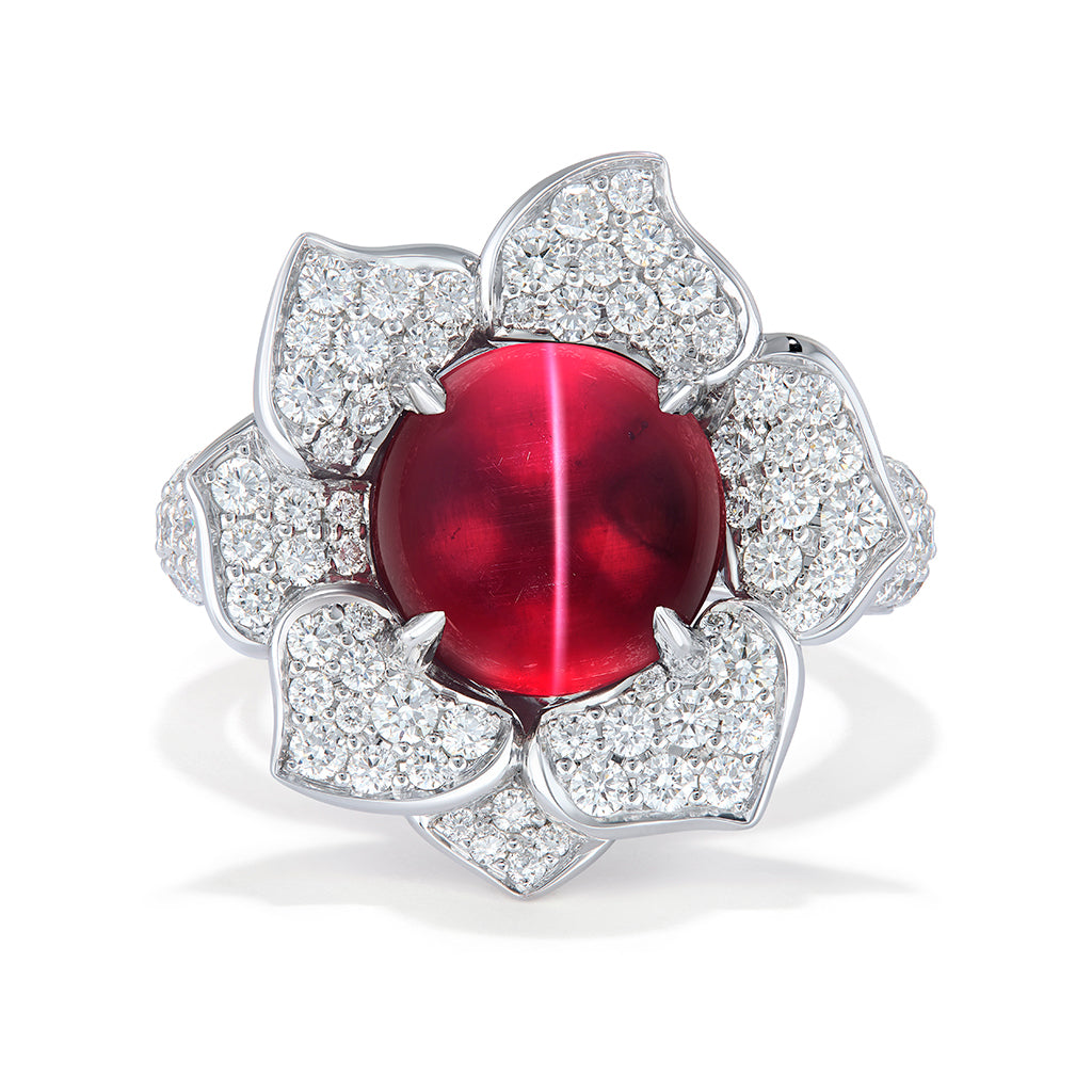 Cat's Eye Magenta Garnet Ring with D Flawless Diamonds set in 18K White Gold
