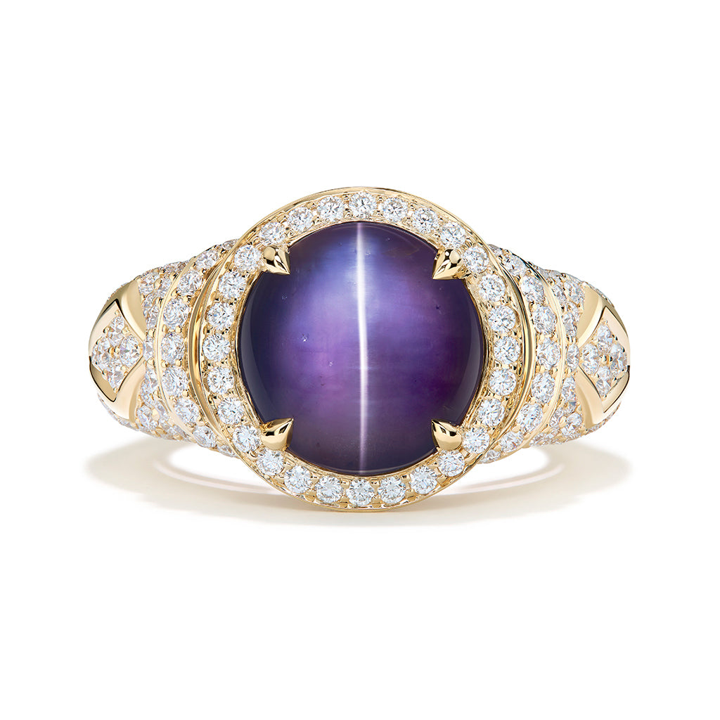 Unheated Burmese Cat's Eye Sapphire Ring with D Flawless Diamonds set in 18K Yellow Gold
