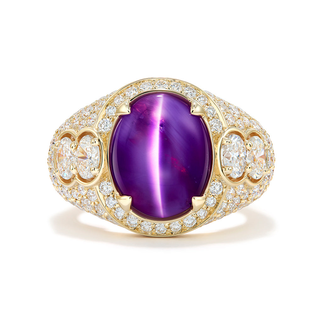 Unheated Cat's Eye Sapphire Ring with D Flawless Diamonds set in 18K Yellow Gold