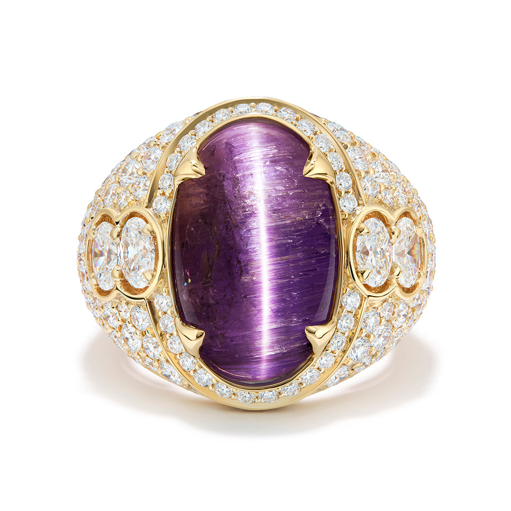 Unheated Pinkish Cat’s Eye Tanzanite Ring with D Flawless Diamonds set in 18K Yellow Gold