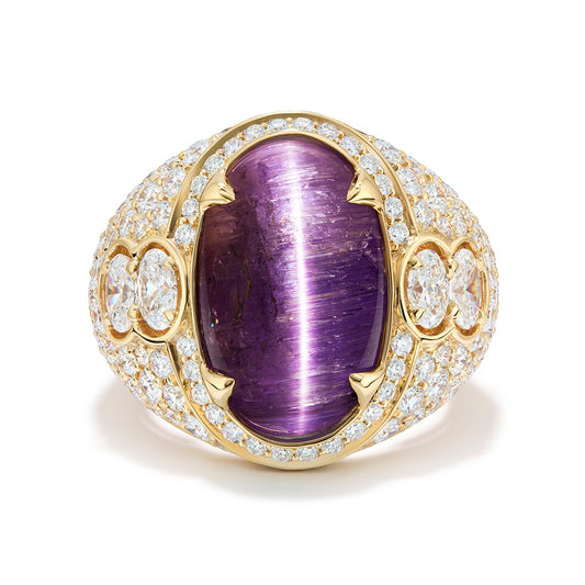 Unheated Pinkish Cat’s Eye Tanzanite Ring with D Flawless Diamonds set in 18K Yellow Gold