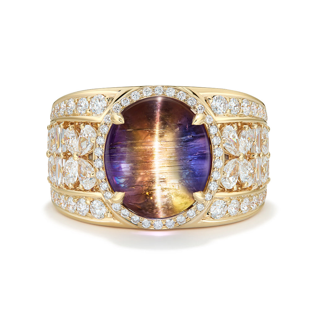 Unheated Tri Color Tanzanite Cat’s Eye Ring with D Flawless Diamonds set in 18K Yellow Gold