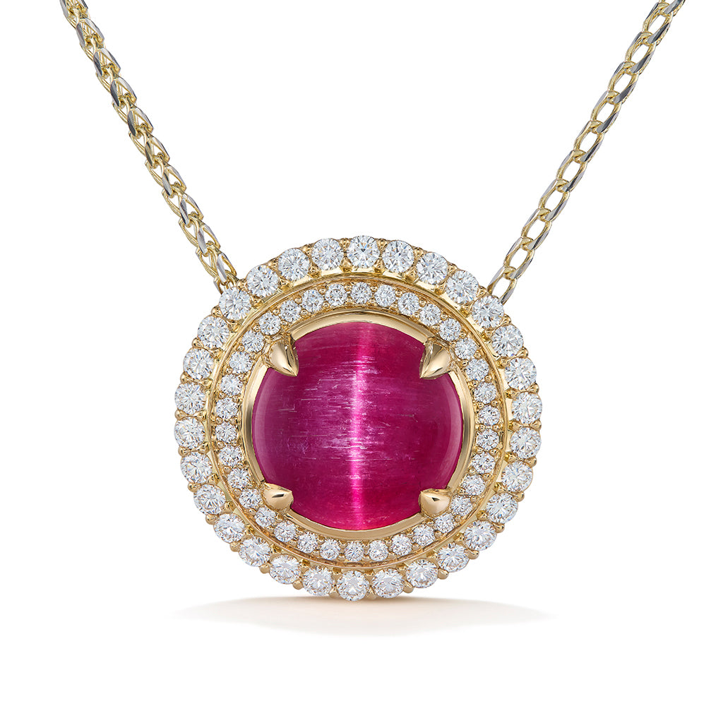 Brazilian Cat's Eye Rubellite Necklace with D Flawless Diamonds set in 18K Yellow Gold
