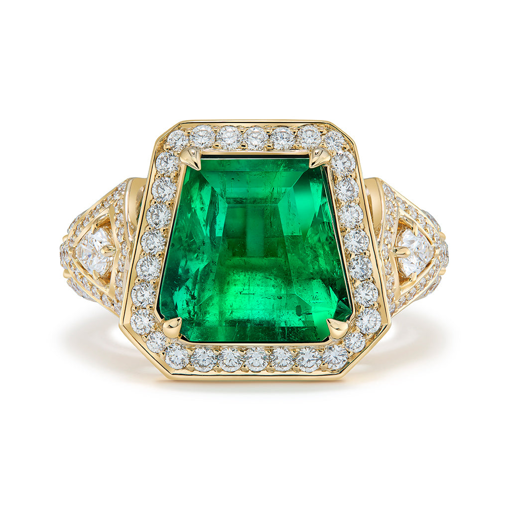 Vivid Green Muzo Emerald Ring with D Flawless Diamonds set in 18K Yellow Gold