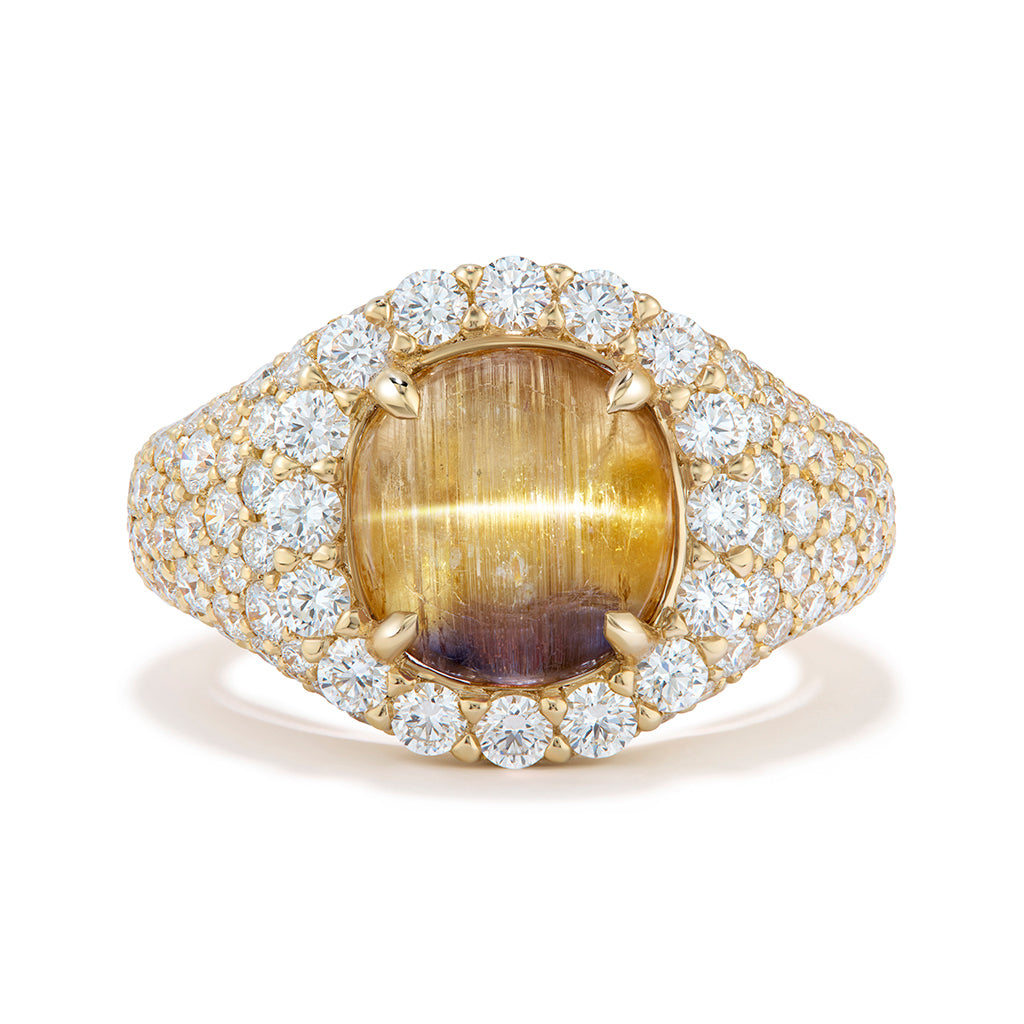 Unheated Yellow Tanzanite Cat’s Eye Ring with D Flawless Diamonds set in 18K Yellow Gold
