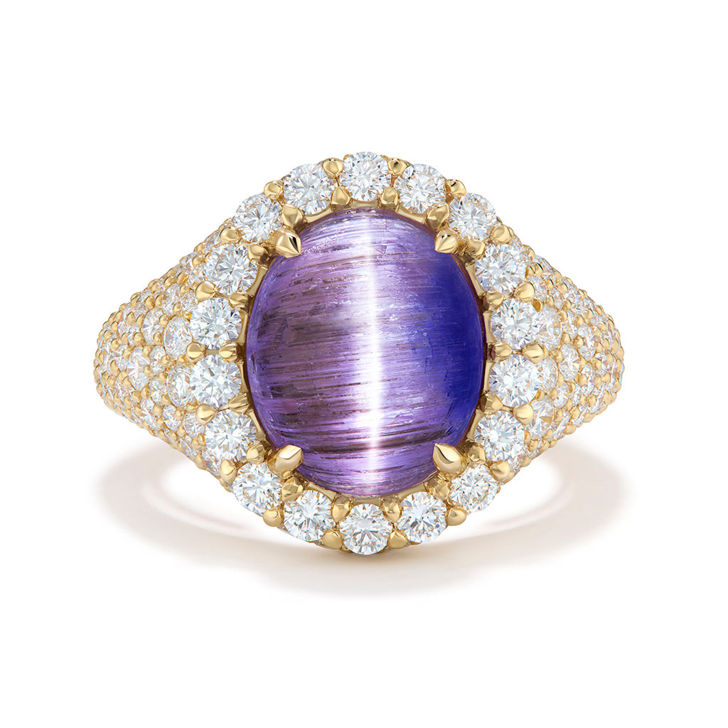 Unheated Cat's Eye Bi Colour Tanzanite Ring with D Flawless Diamonds set in 18K Yellow Gold