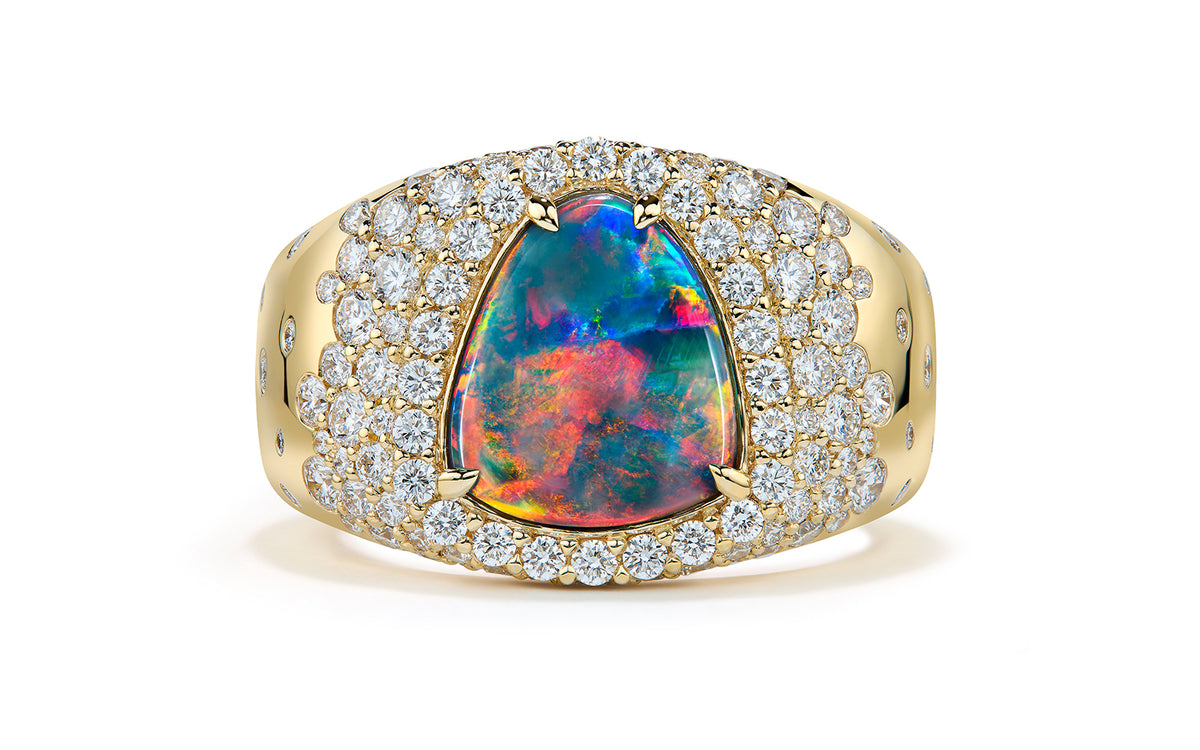 Lightning Ridge Black Opal Ring with D Flawless Diamonds set in 18K Yellow Gold