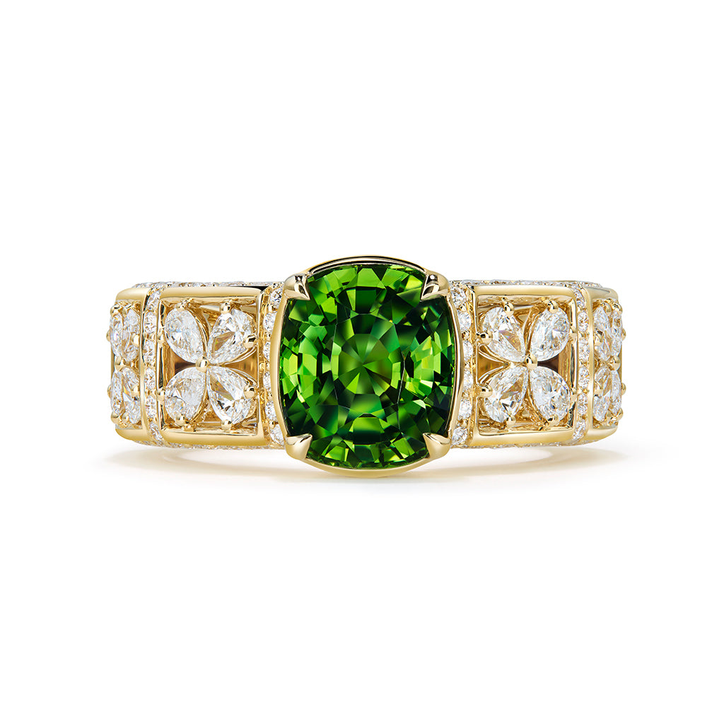 Unheated Green Zircon Ring with D Flawless Diamonds set in 18K Yellow Gold