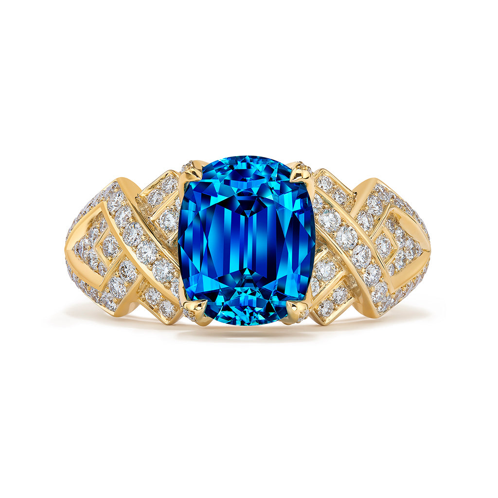 Blue Zircon Ring with D Flawless Diamonds set in 18K Yellow Gold