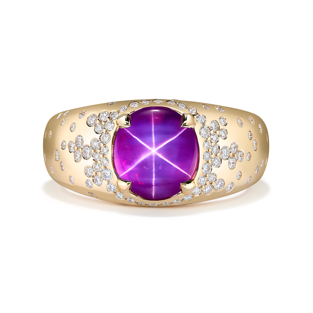 Unheated 6 Ray Star Sapphire Ring with D Flawless Diamonds set in 18K Yellow Gold