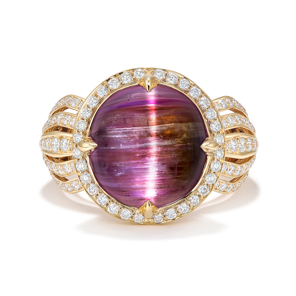 Unheated Pink Cat's Eye Tanzanite Ring with D Flawless Diamonds set in 18K Yellow Gold