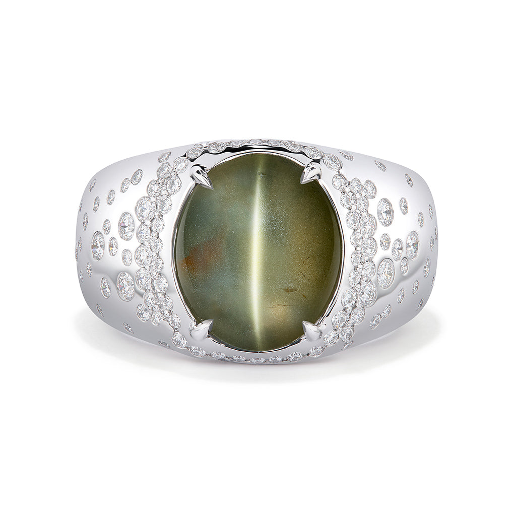 Burmese Unheated Cat's Eye Zircon Ring with D Flawless Diamonds set in 18K White Gold
