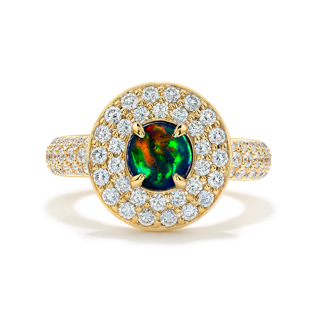 Lightning Ridge Black Opal Ring with D Flawless Diamonds set in 18K Yellow Gold