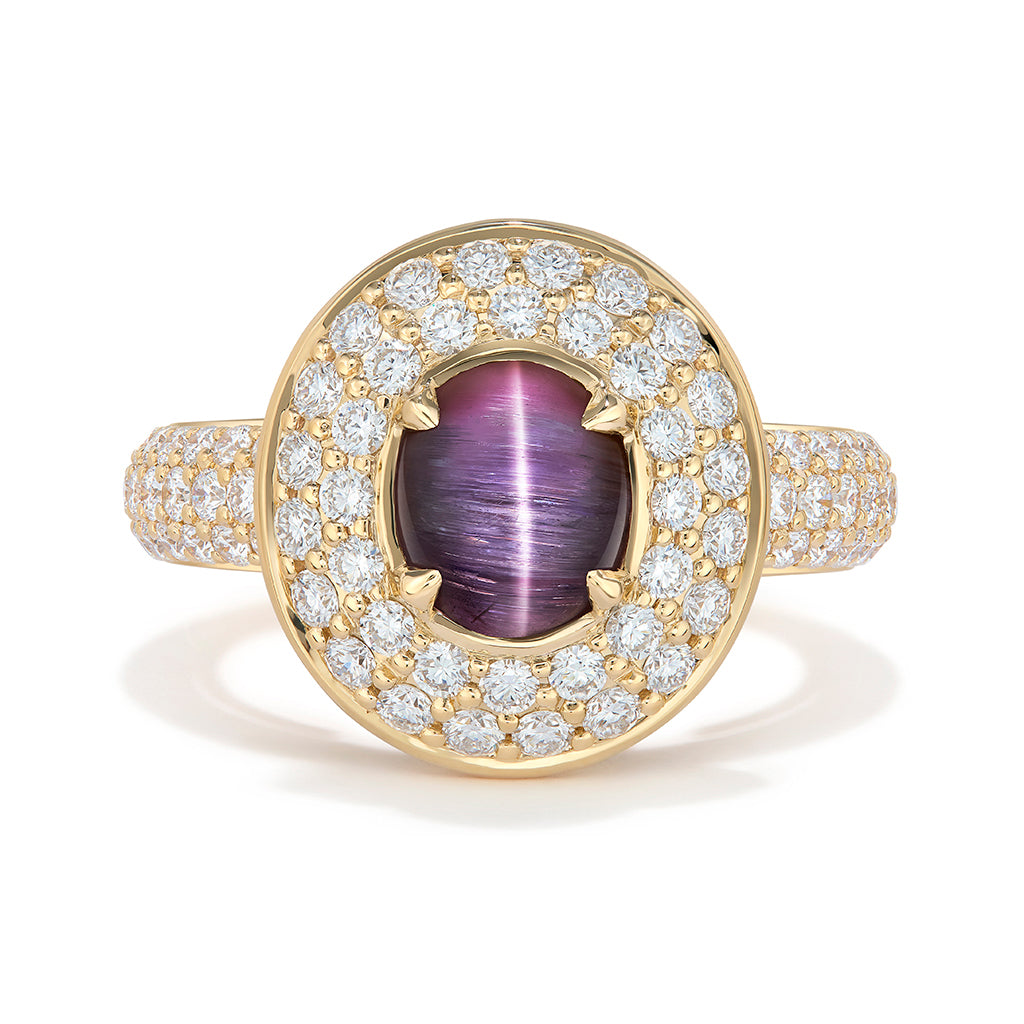 Unheated Pinkish Tanzanite Cat’s Eye Ring with D Flawless Diamonds set in 18K Yellow Gold