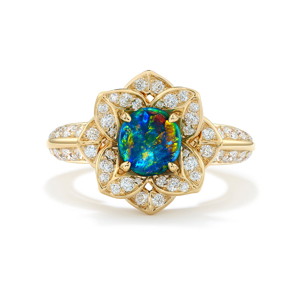 Lightning Ridge Black Opal Ring with D Flawless Diamonds set in 18K Yellow Gold