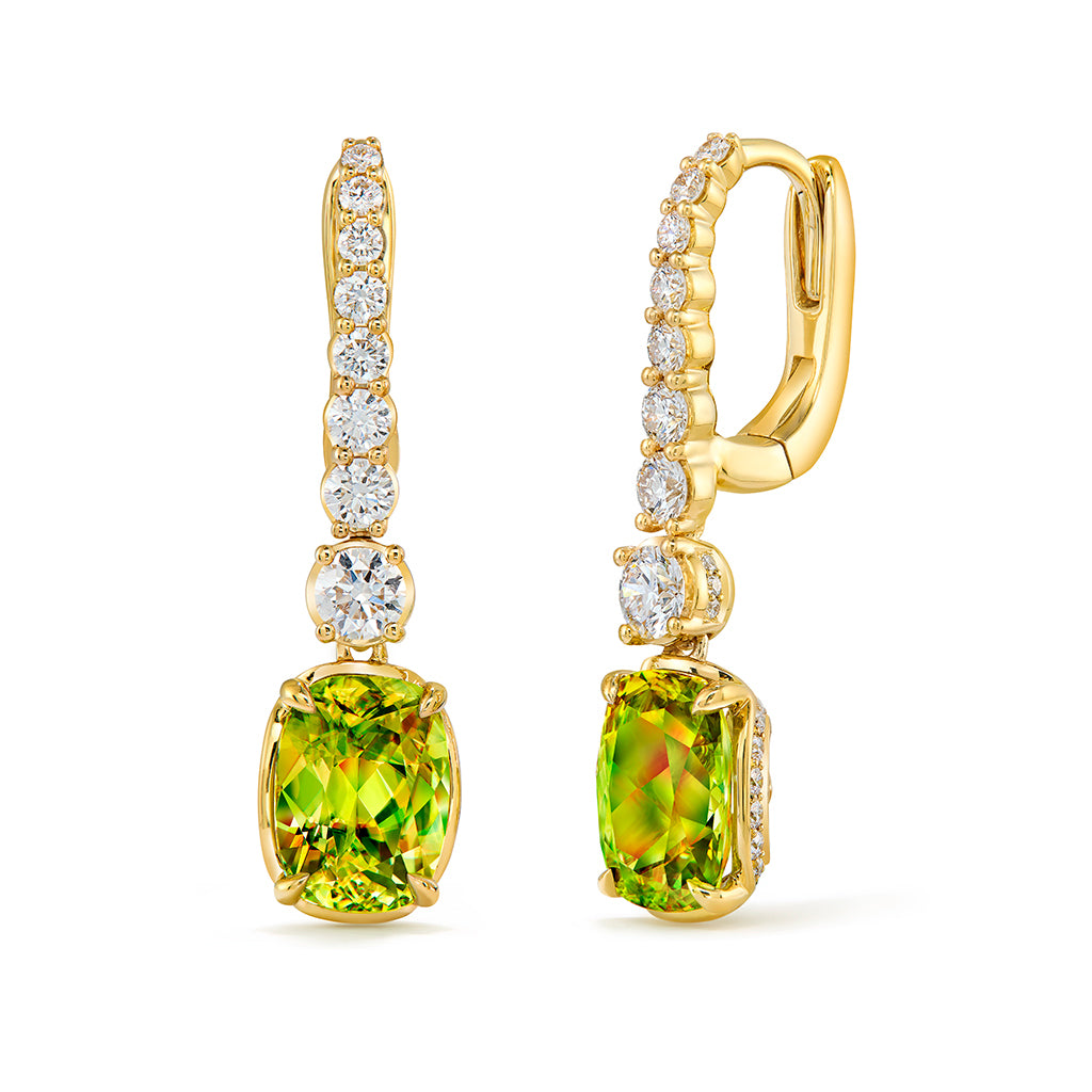 Russian Sphene Earrings with D Flawless Diamonds set in 18K Yellow Gold