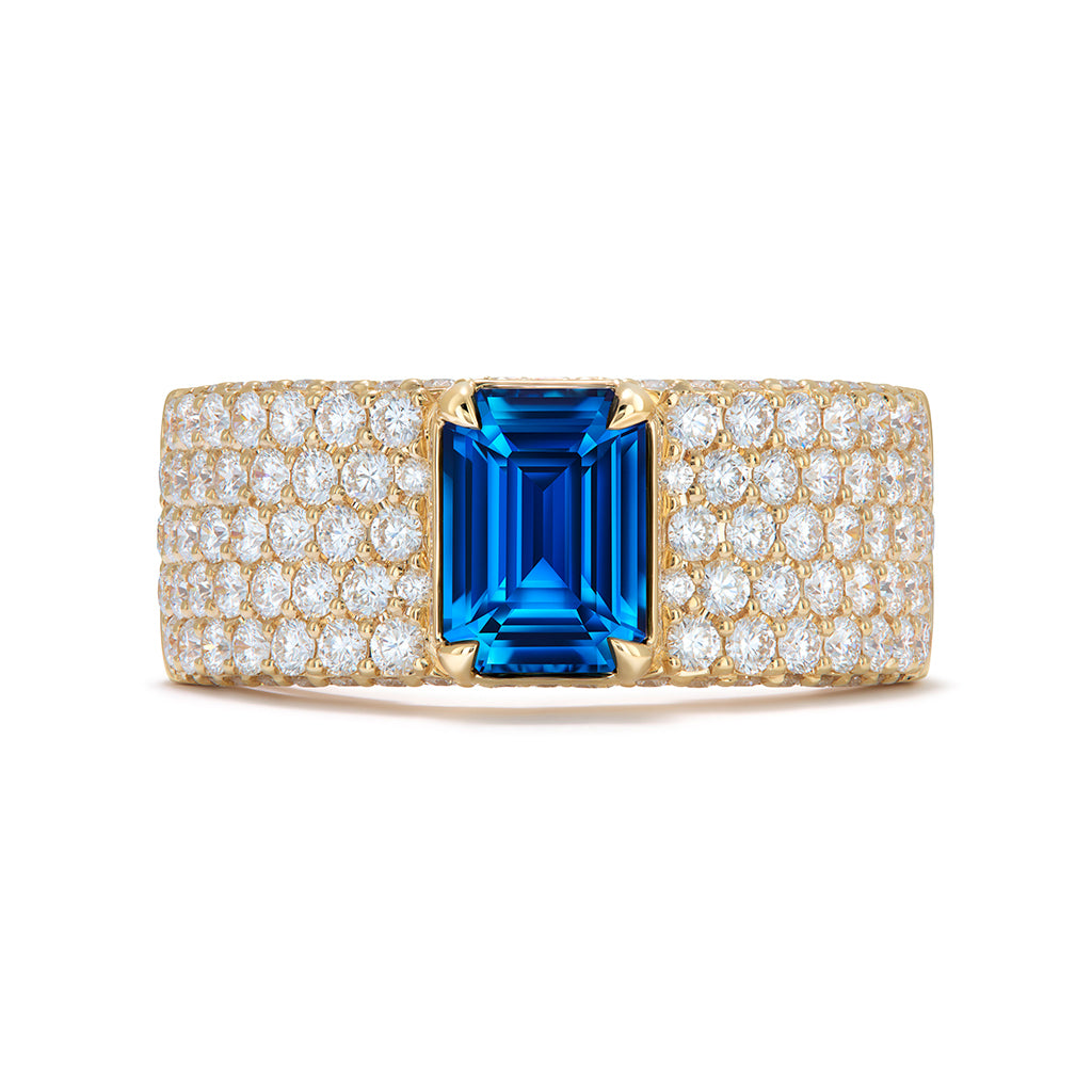 Unheated Blue Yogo Montana Sapphire Ring with D Flawless Diamonds set in 18K Yellow Gold