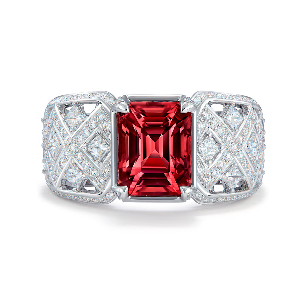 Vibrant Padparadscha Malaya Garnet Ring with D Flawless Diamonds set in 18K White Gold