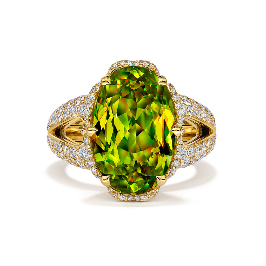 Russian Sphene Ring with D Flawless Diamonds set in 18K Yellow Gold