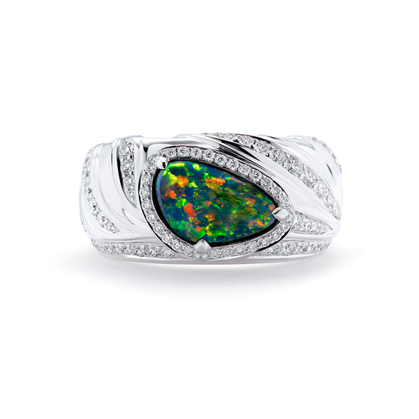 Lightning Ridge Black Opal Ring with D Flawless Diamonds set in 18K White Gold