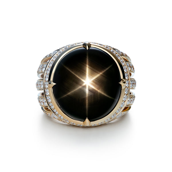 Black Star Sapphire Ring with D Flawless Diamonds set in 18K Yellow Gold