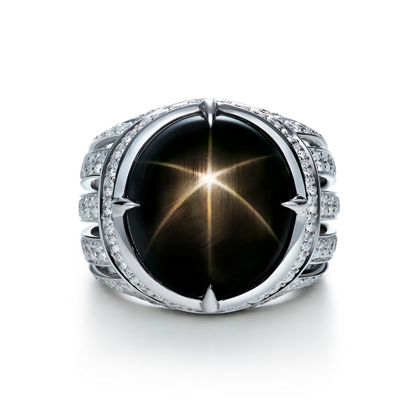 Black Star Sapphire Ring with D Flawless Diamonds set in 18K White Gold