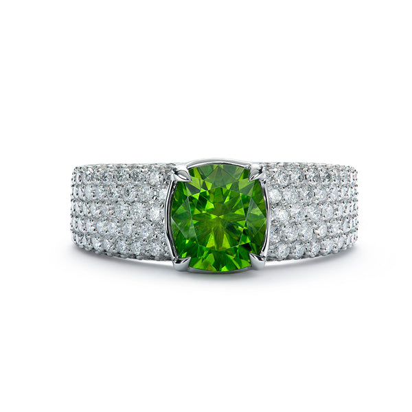 Horsetail Demantoid Ring with D Flawless Diamonds set in 18K White Gold