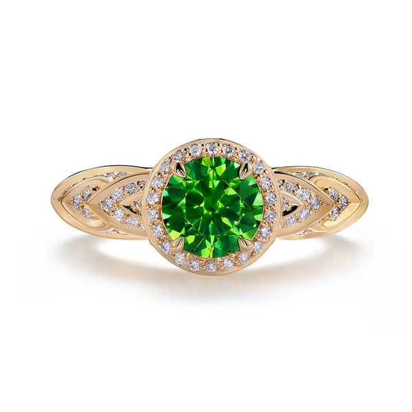 Horsetail Demantoid Ring with D Flawless Diamonds set in 18K Yellow Gold