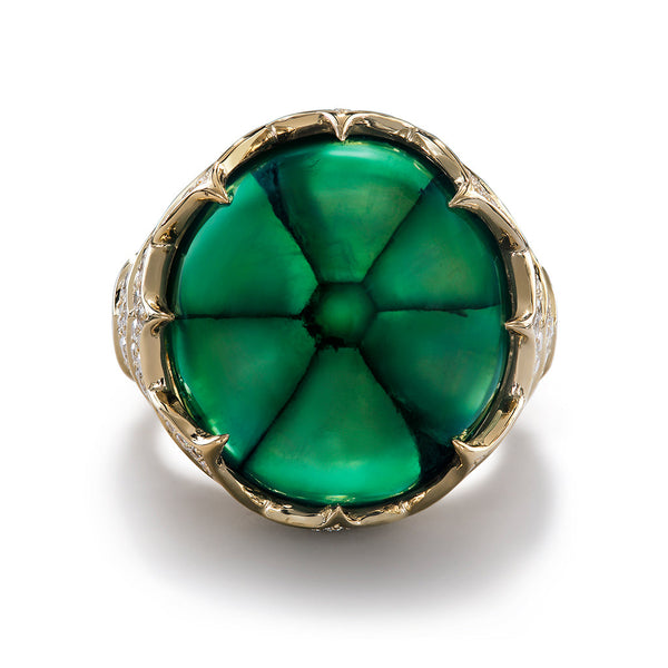 Trapiche Colombian Emerald Ring with D Flawless Diamonds set in 18K Yellow Gold