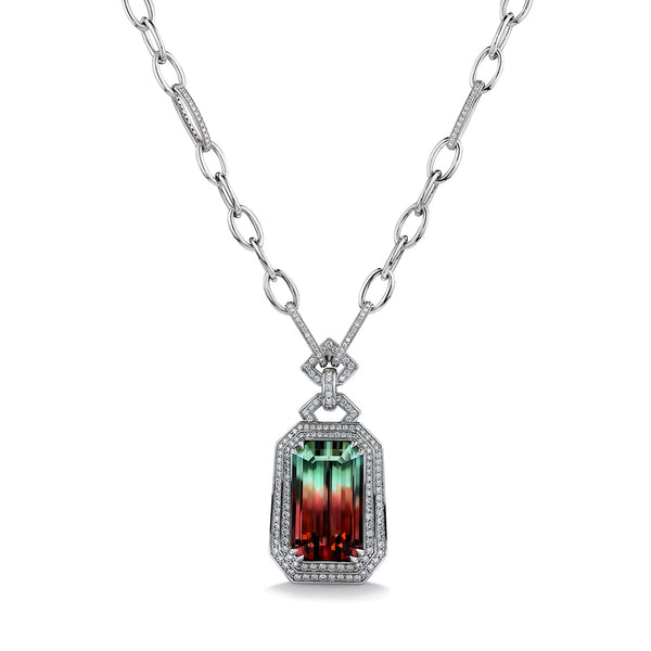 Neon Bi Color Tourmaline Necklace with D Flawless Diamonds set in 18K White Gold