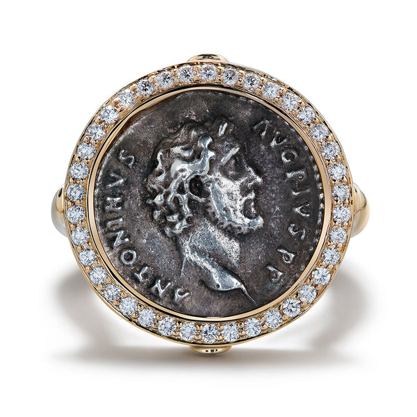 Ancient Coin Rome Ring with D Flawless Diamonds set in 18K Yellow Gold
