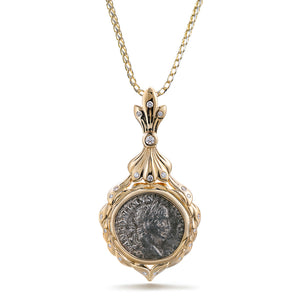 Ancient Coin Rome Necklace with D Flawless Diamonds set in 18K Yellow Gold