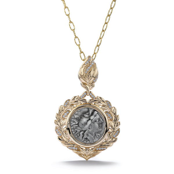 Ancient Coin Greece Necklace with D Flawless Diamonds set in 18K Yellow Gold