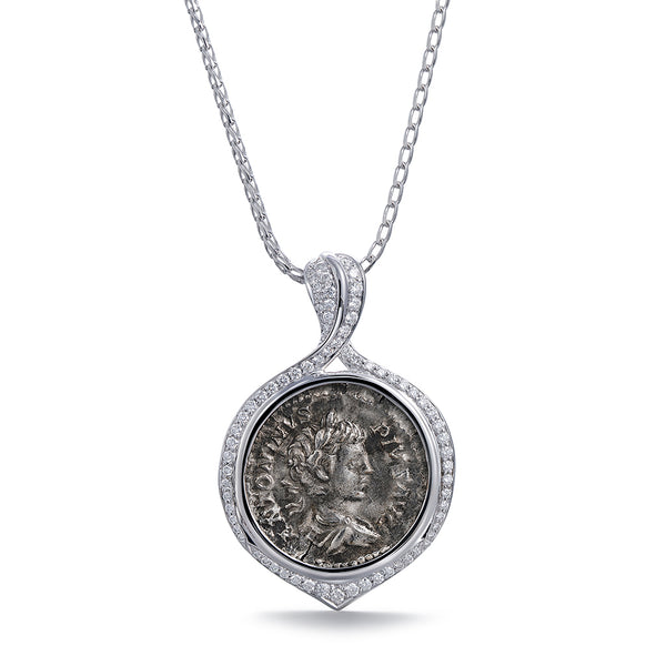 Ancient Coin Rome Necklace with D Flawless Diamonds set in 18K White Gold