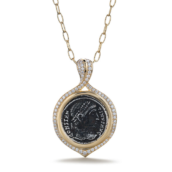 Ancient Coin Rome Necklace with D Flawless Diamonds set in 18K Yellow Gold
