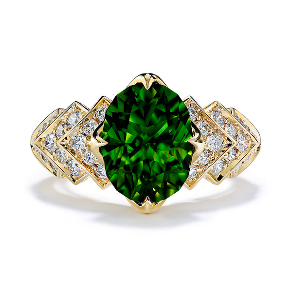 Green Zircon Ring with D Flawless Diamonds set in 18K Yellow Gold