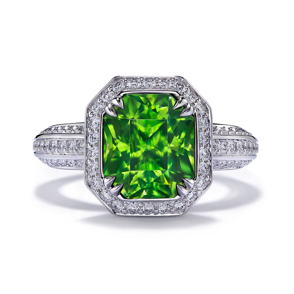 Green Zircon Ring with D Flawless Diamonds set in Platinum