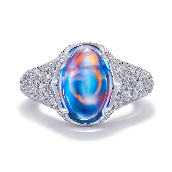 Ceylon Blue Moonstone Ring with D Flawless Diamonds set in 18K White Gold