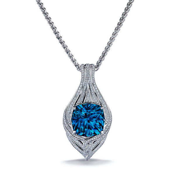 Un Heated Blue Zircon Necklace with D Flawless Diamonds set in 18K White Gold
