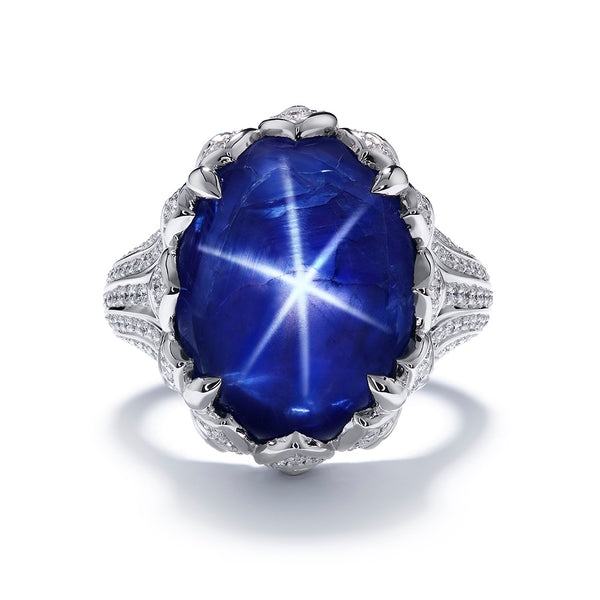 Unheated Burmese Star Sapphire Ring with D Flawless Diamonds set in 18K White Gold