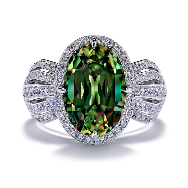 Green Dragon Demantoid Ring with D Flawless Diamonds set in Platinum