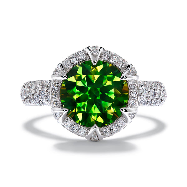 Russian Horsetail Demantoid Ring with D Flawless Diamonds set in Platinum