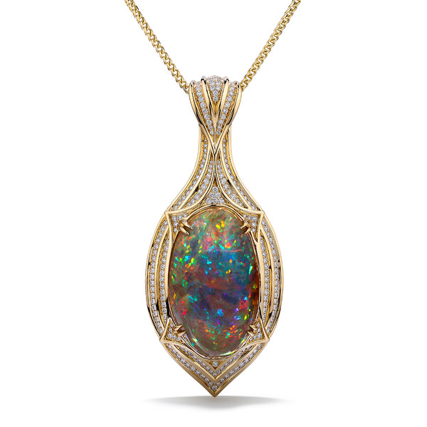 Indonesian Black Opal Necklace with D Flawless Diamonds set in 18K Yellow Gold