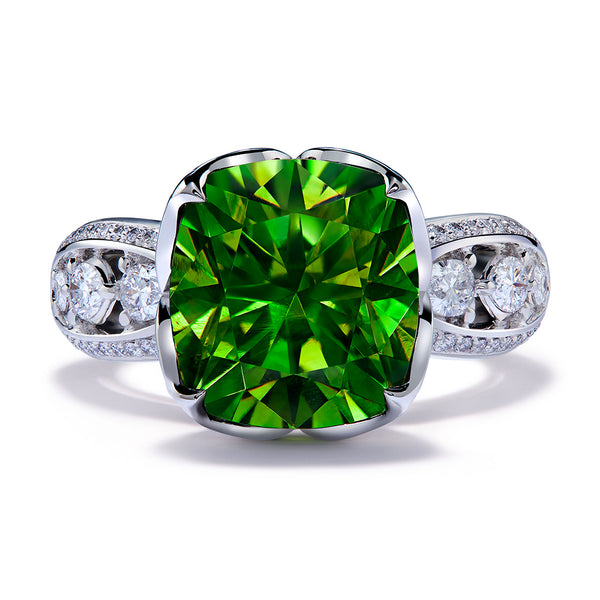 Russian Horsetail Demantoid Ring with D Flawless Diamonds set in Platinum