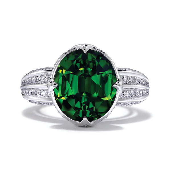 Green Zircon Ring with D Flawless Diamonds set in Platinum